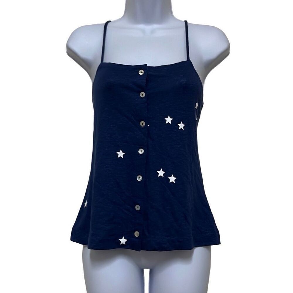 Chaser Navy Blue White Stars Patriotic Button Front Tank Top Cami Medium NWT‎